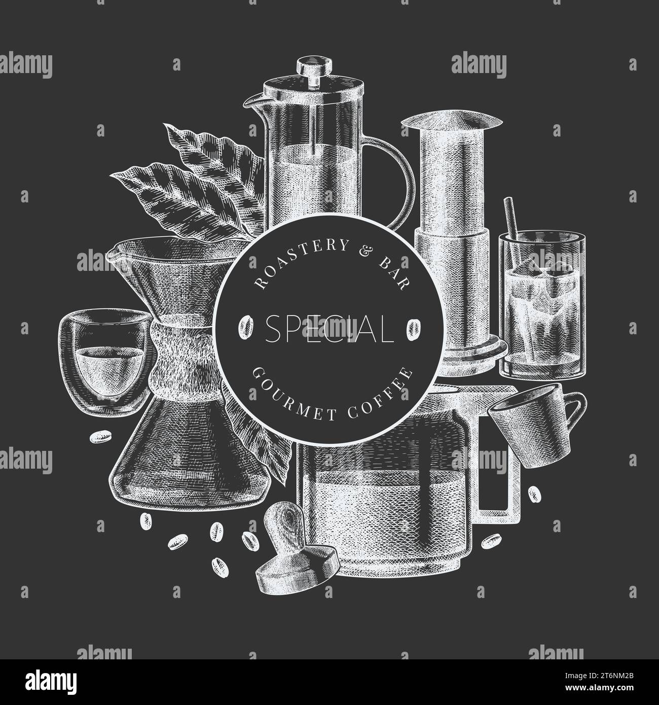 Alternative Coffee Makers Chalk Board Illustration. Vector Hand Drawn
