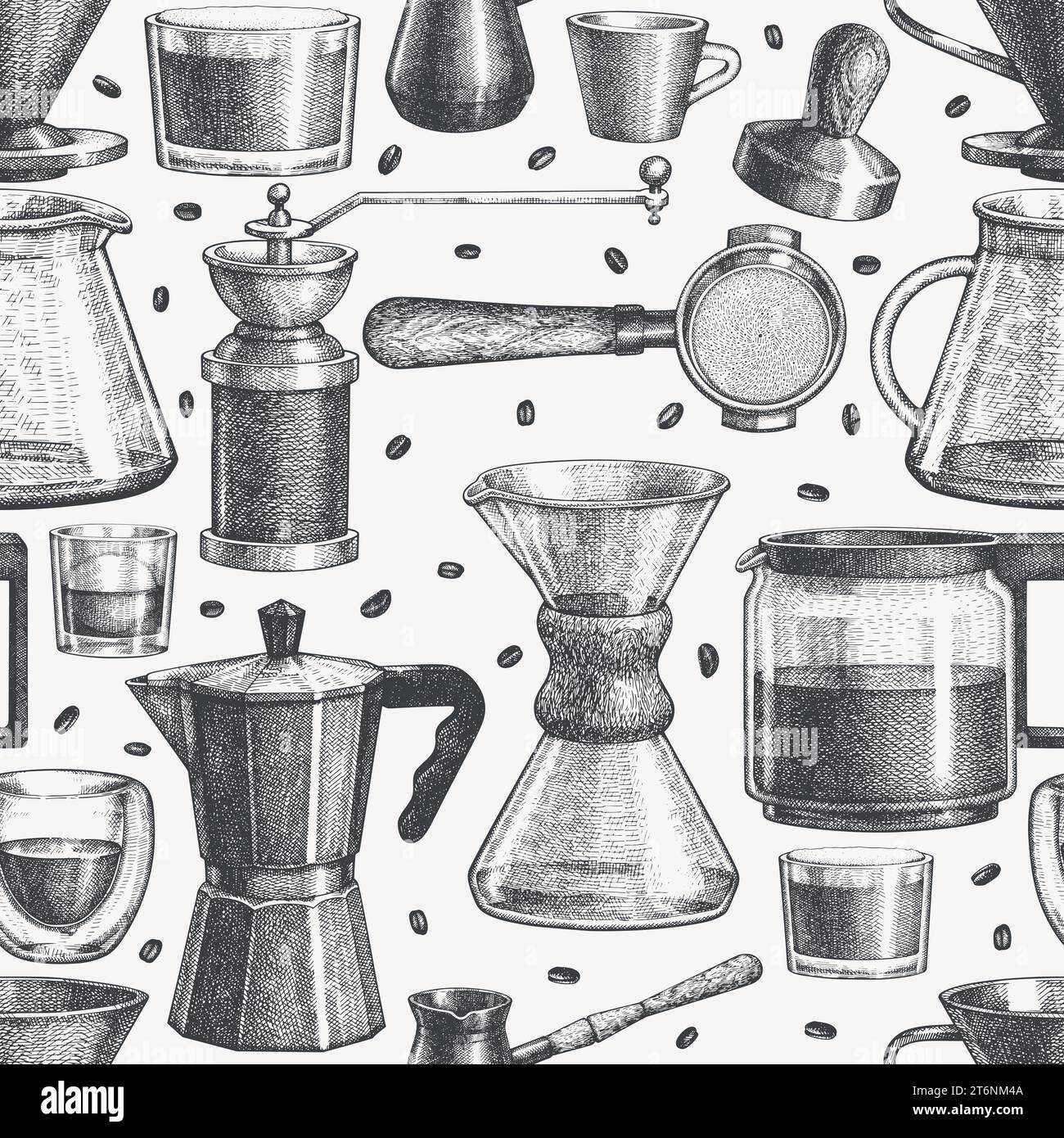 Alternative Coffee Makers Seamless Pattern. Vector Hand Drawn Specialty