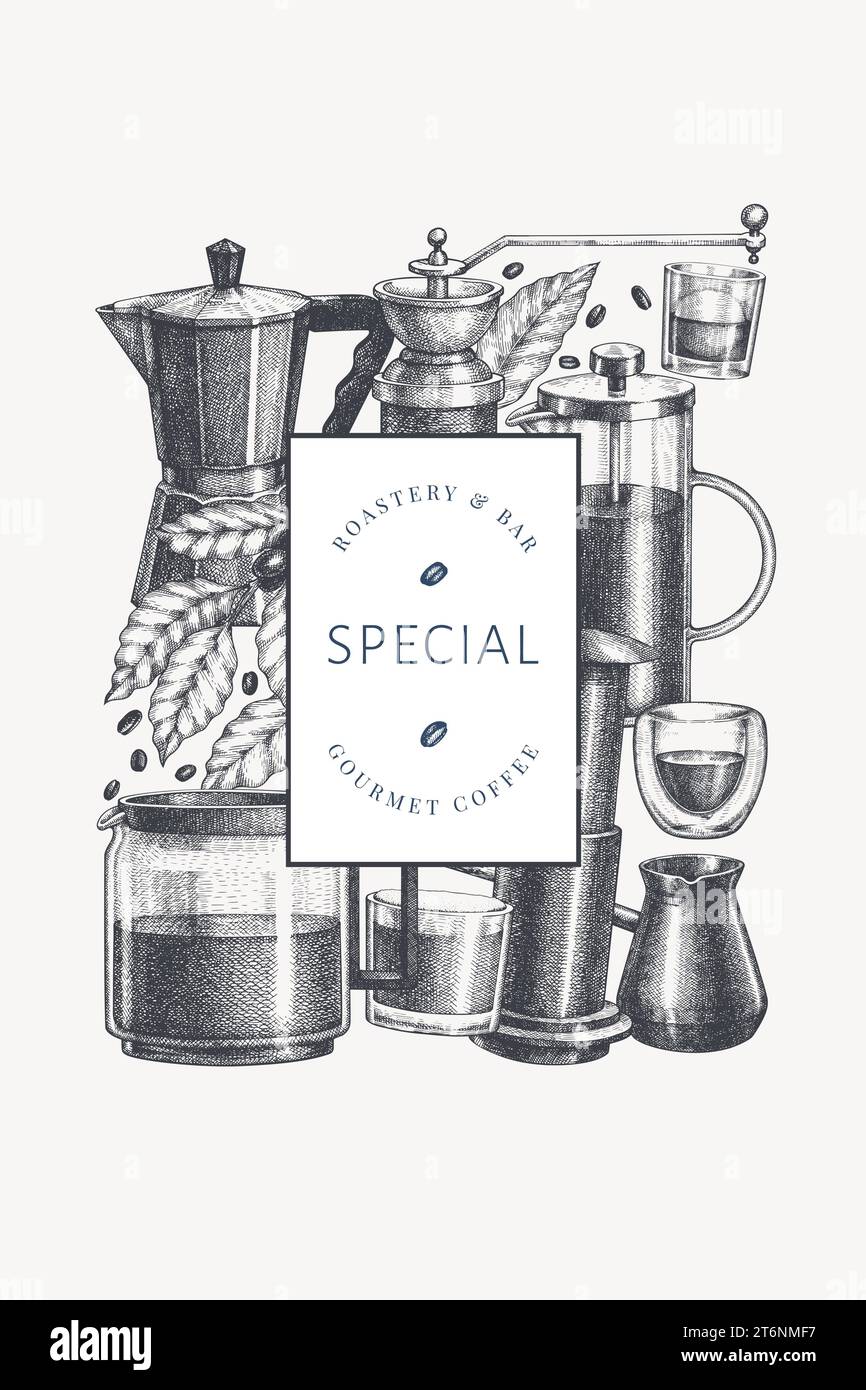 Alternative Coffee Makers Illustration. Vector Hand Drawn Specialty