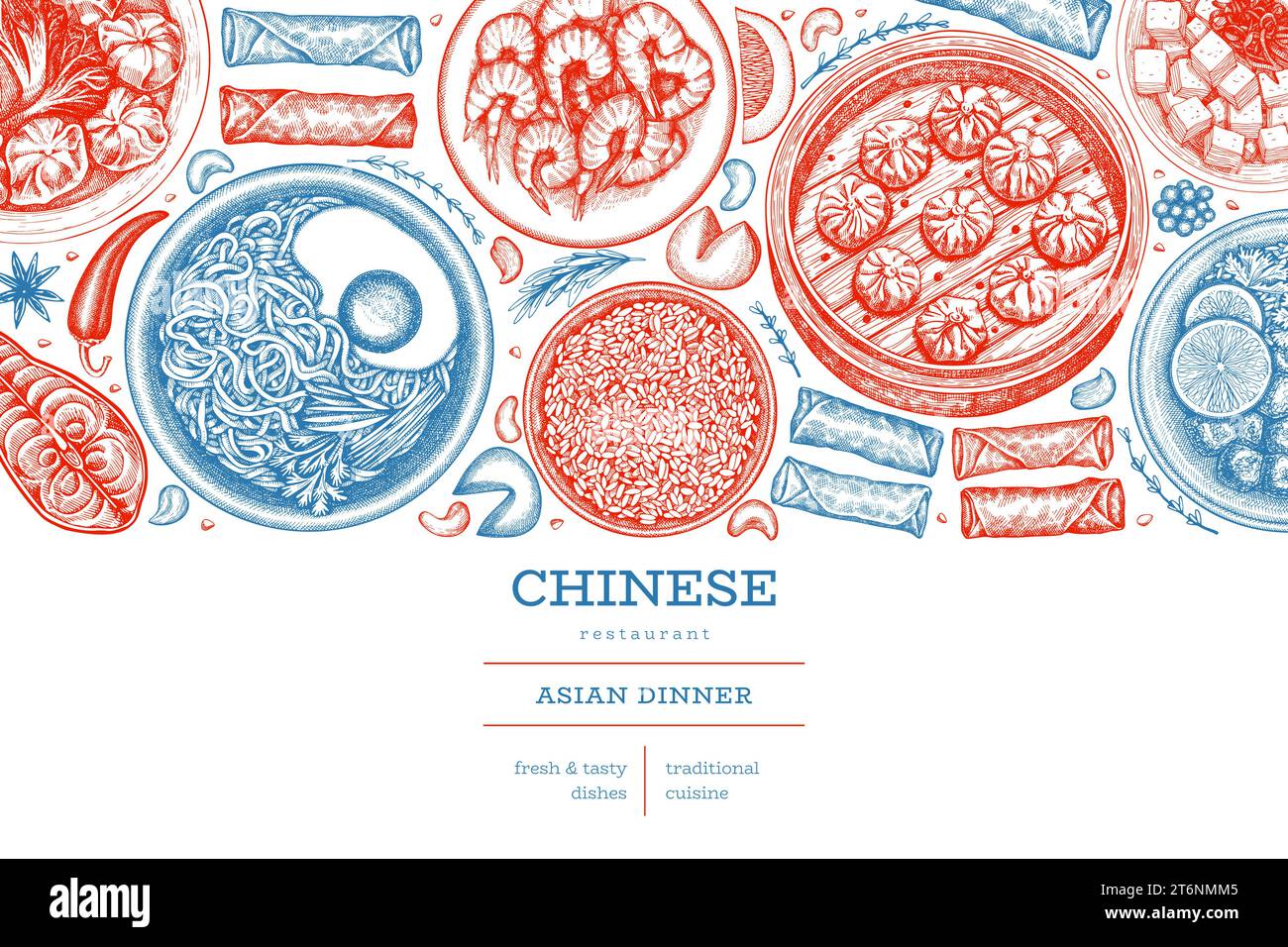 Chinese Cuisine Design Template. Vector Hand Drawn Asian Food Banner. Vintage Style Menu Illustration. Stock Vector