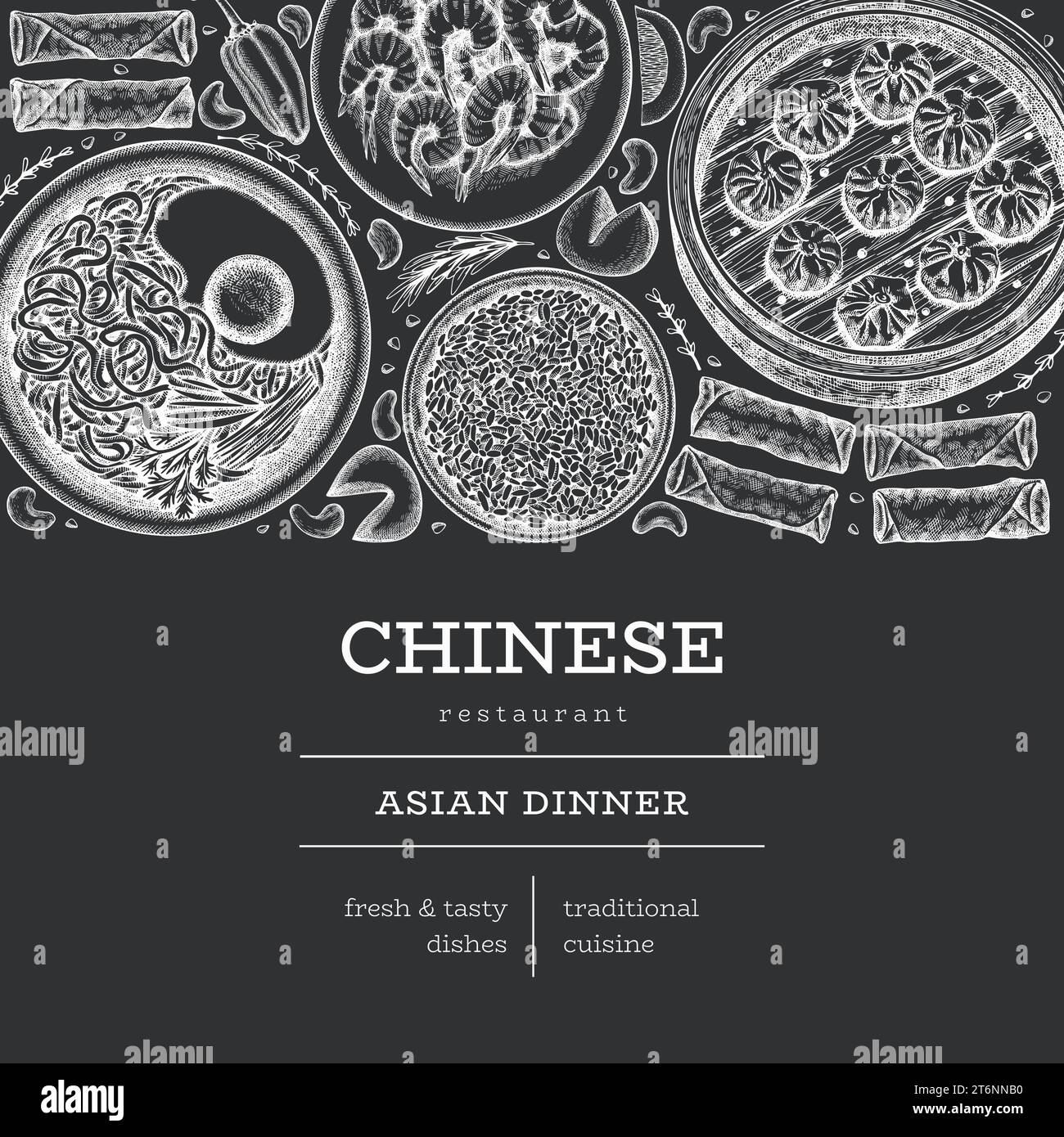 Chinese Cuisine Chalk Board Design Template. Vector Hand Drawn Asian Food Banner. Vintage Style Menu Chalk Illustration. Stock Vector