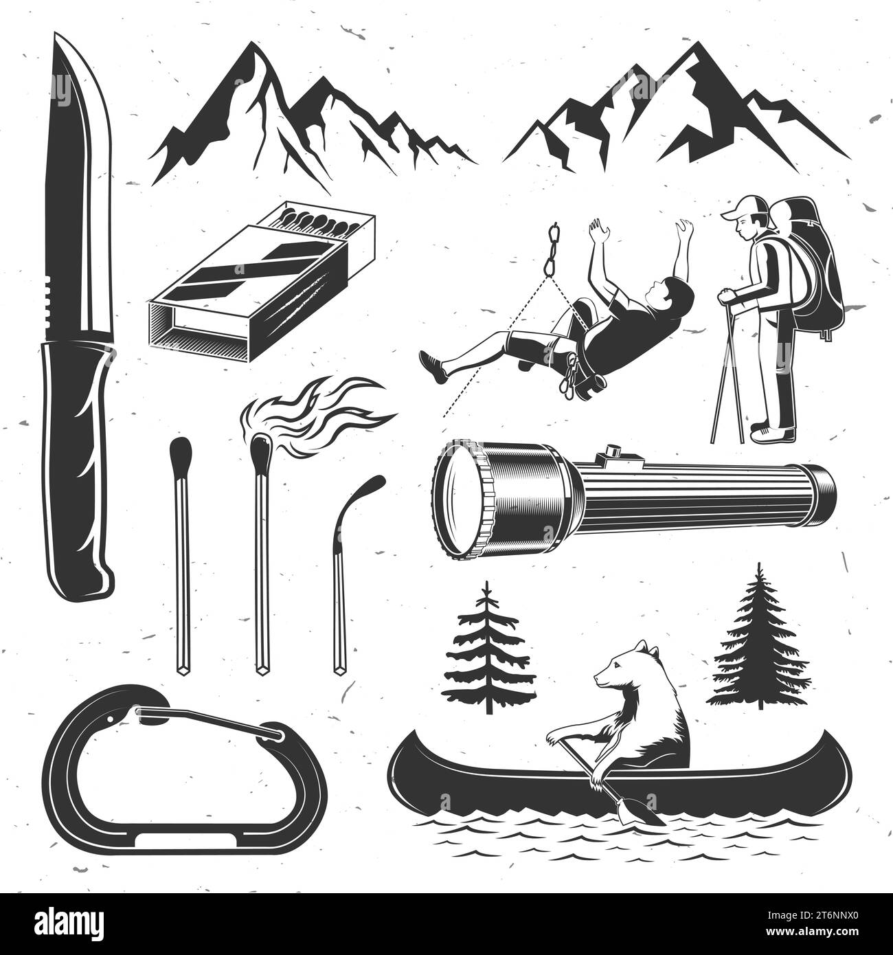 Set of outdoor adventure icon silhouette. Vector. Set include forest pine tree, hiker, climber, matches stick, bear in canoe, carbine, camping Stock Vector