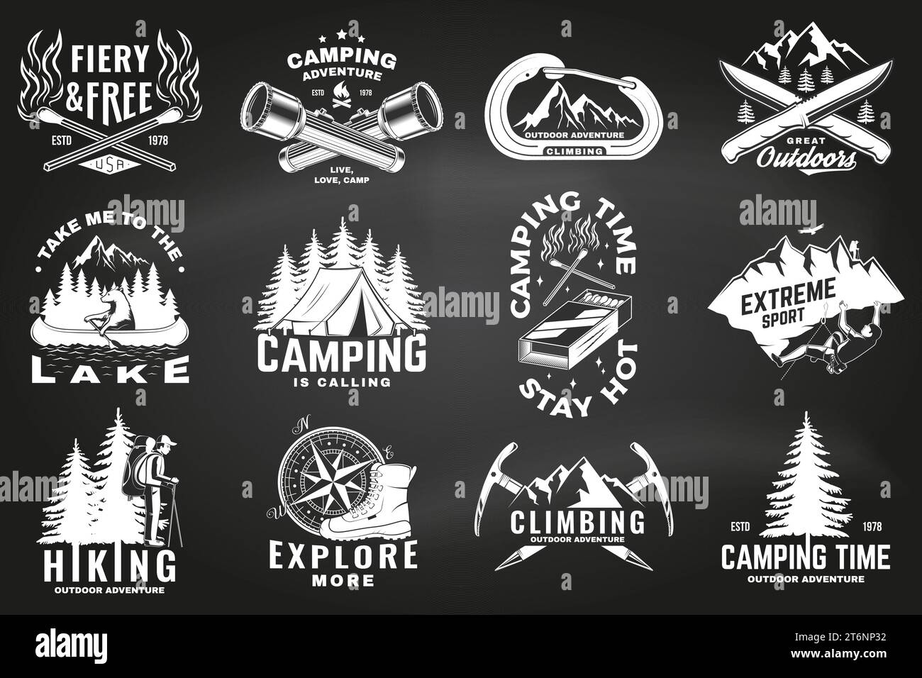 Set of outdoor adventure sticker on chalkboard. Vector illustration. Concept for shirt or logo, print, stamp, patch or tee. Vintage typography design Stock Vector