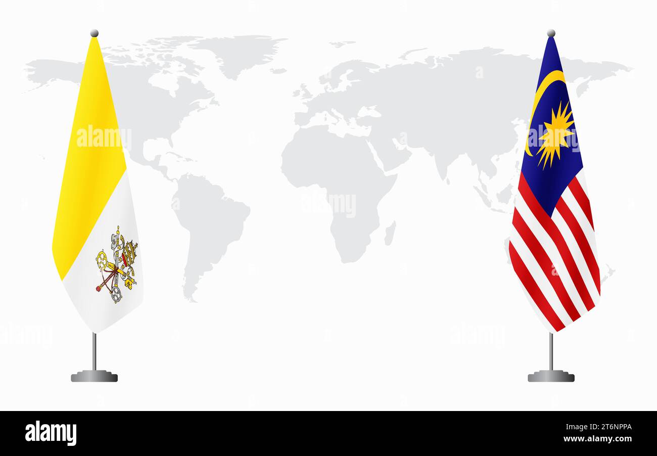 Vatican and Malaysia flags for official meeting against background of world map. Stock Vector