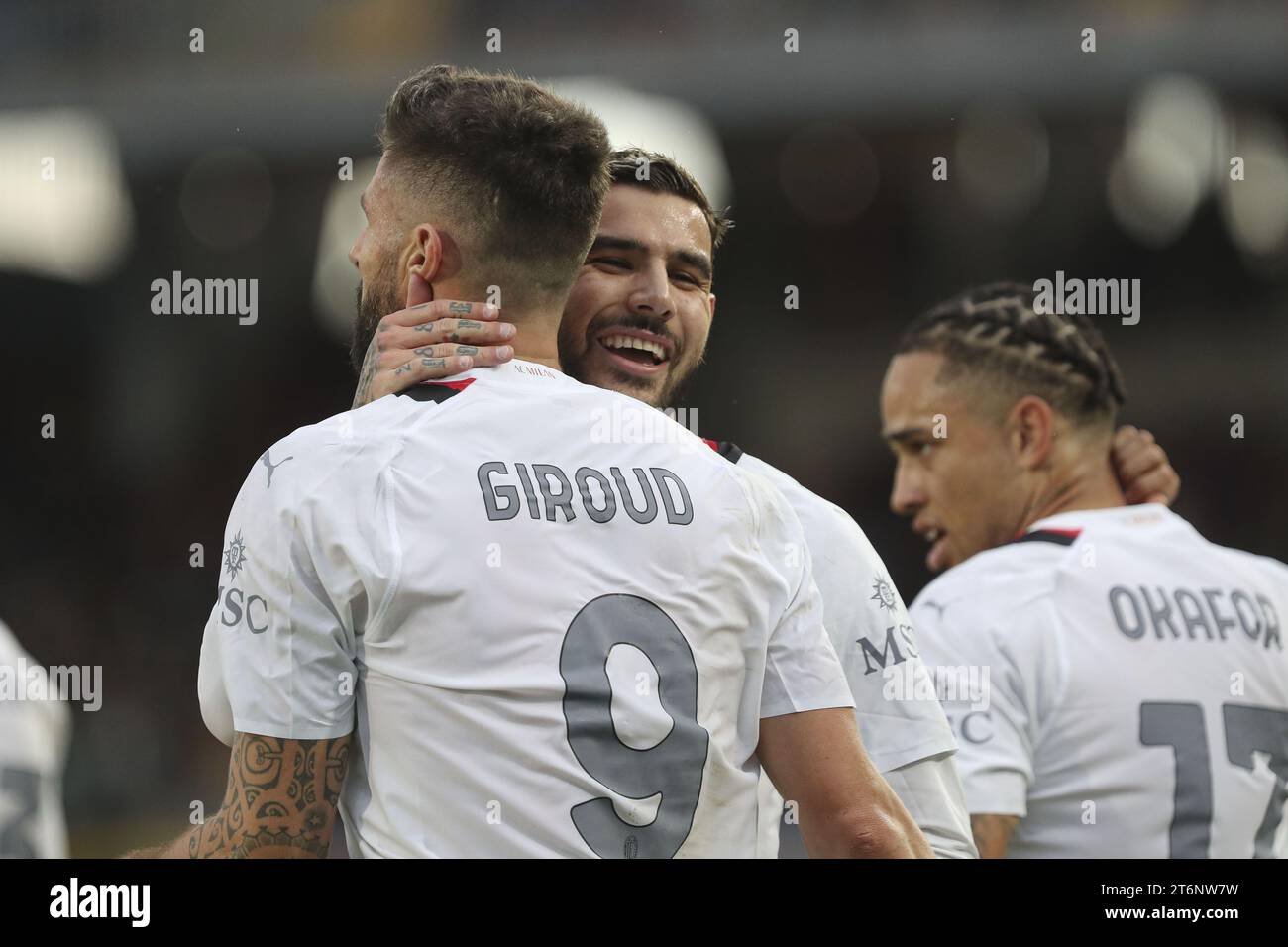 Olivier Giroud (Milan) celebration after the goal scored  during  US Lecce vs AC Milan, Italian soccer Serie A match in Lecce, Italy, November 11 2023 Stock Photo