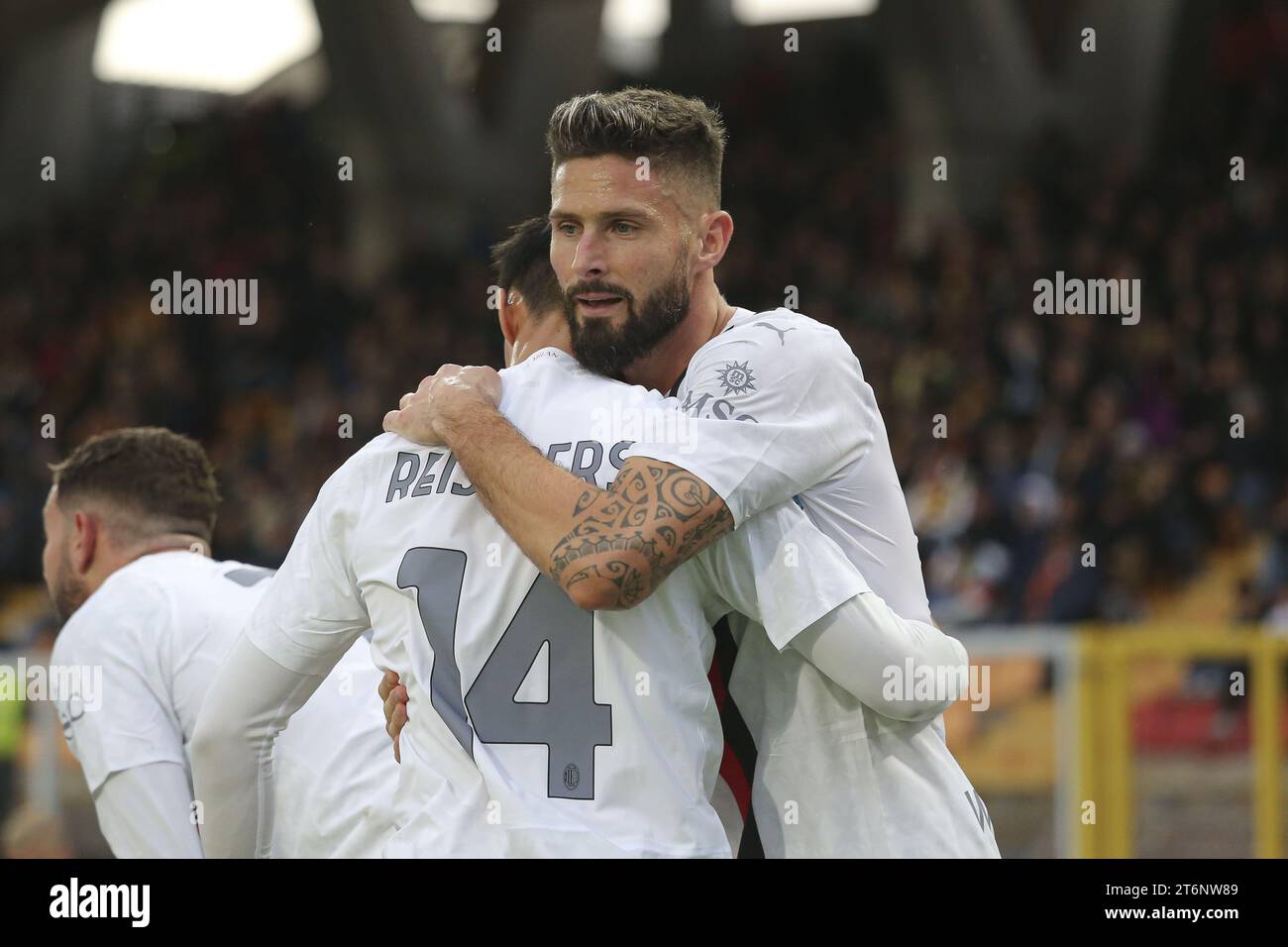 Olivier Giroud (Milan) celebration after the goal scored  during  US Lecce vs AC Milan, Italian soccer Serie A match in Lecce, Italy, November 11 2023 Stock Photo