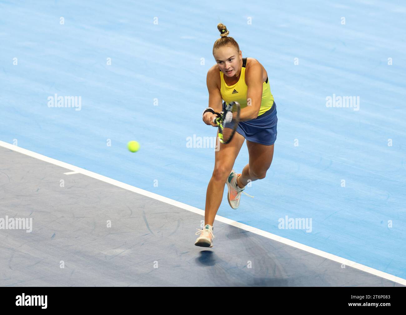 11th November 2023; Copper Box Arena, Stratford, London, England: Billie Jean King Cup Play-Offs, Great Britain versus Sweden, Day 1; Caijsa Wilda Hennemann of Sweden plays a backhand against Katie Boulter of Great Britain Stock Photo