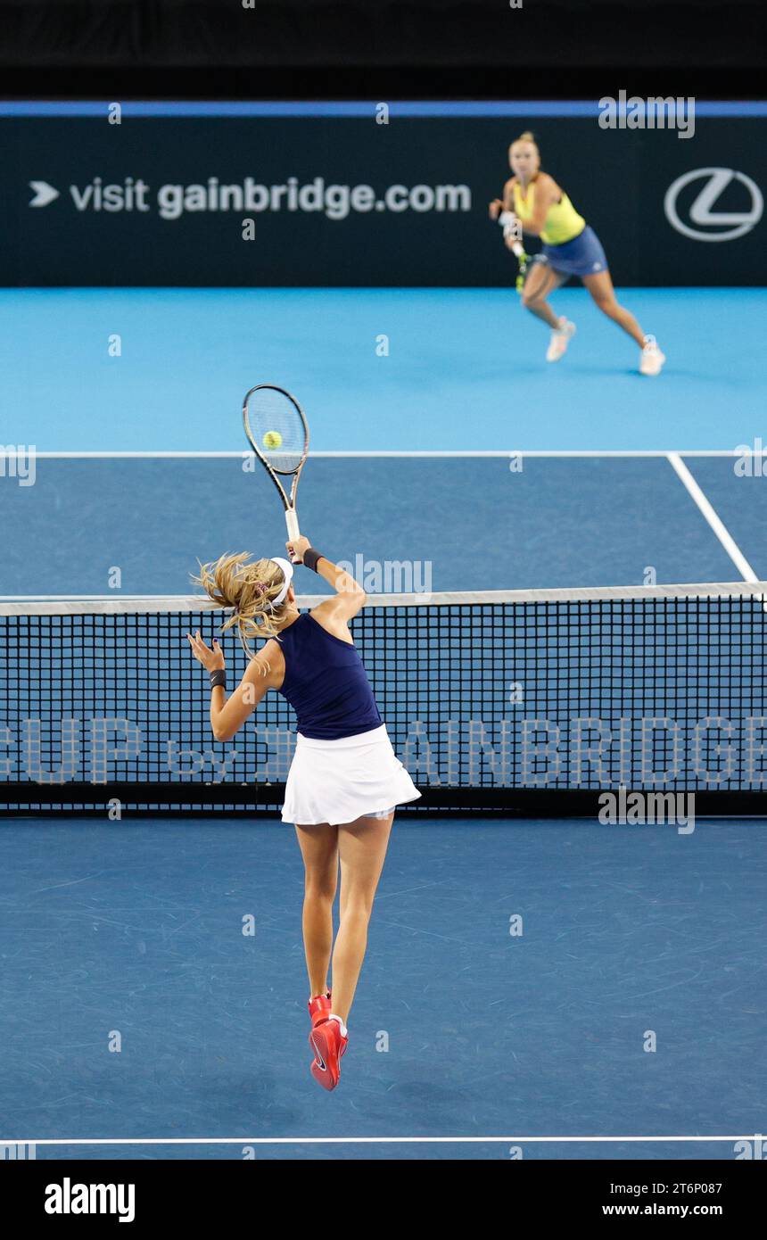 11th November 2023; Copper Box Arena, Stratford, London, England: Billie Jean King Cup Play-Offs, Great Britain versus Sweden, Day 1; Katie Boulter of Great Britain plays a forehand against Caijsa Wilda Hennemann of Sweden Stock Photo