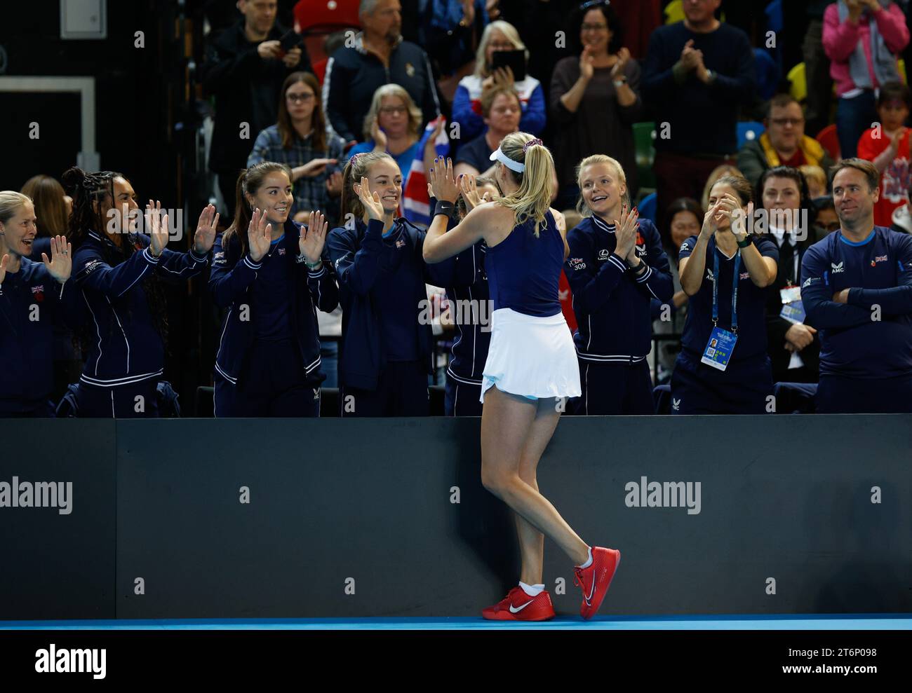 11th November 2023; Copper Box Arena, Stratford, London, England: Billie Jean King Cup Play-Offs, Great Britain versus Sweden, Day 1; Katie Boulter of Great Britain celebrates her victory with her team mates after defeating  Caijsa Wilda Hennemann of Sweden Stock Photo