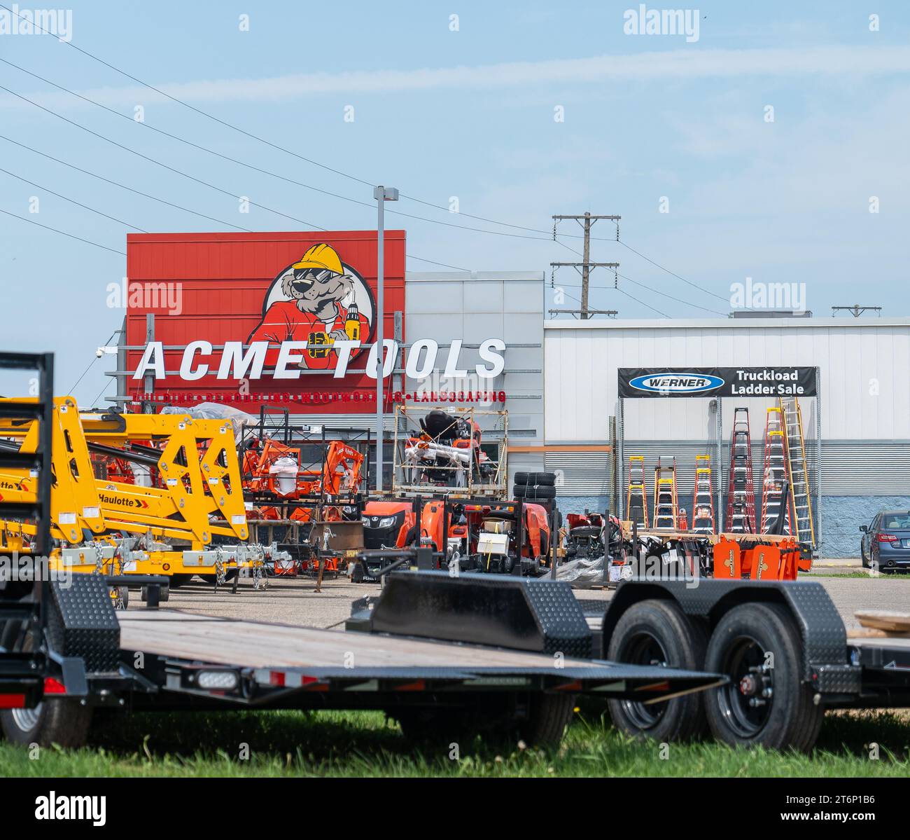 BEMIDJI, MN - 3 JUN 2023: Acme Tools store and items for for purchase or rent, outside in front of the building. Stock Photo