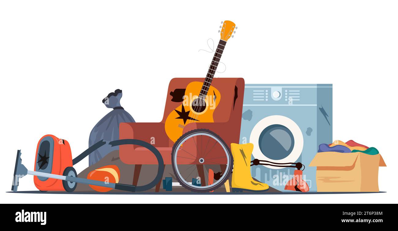 Big heap of trash. Electronic appliances, furniture, old clothes, broken equipment. Waste pile. Unwanted technology devices, not working digital rubbi Stock Vector