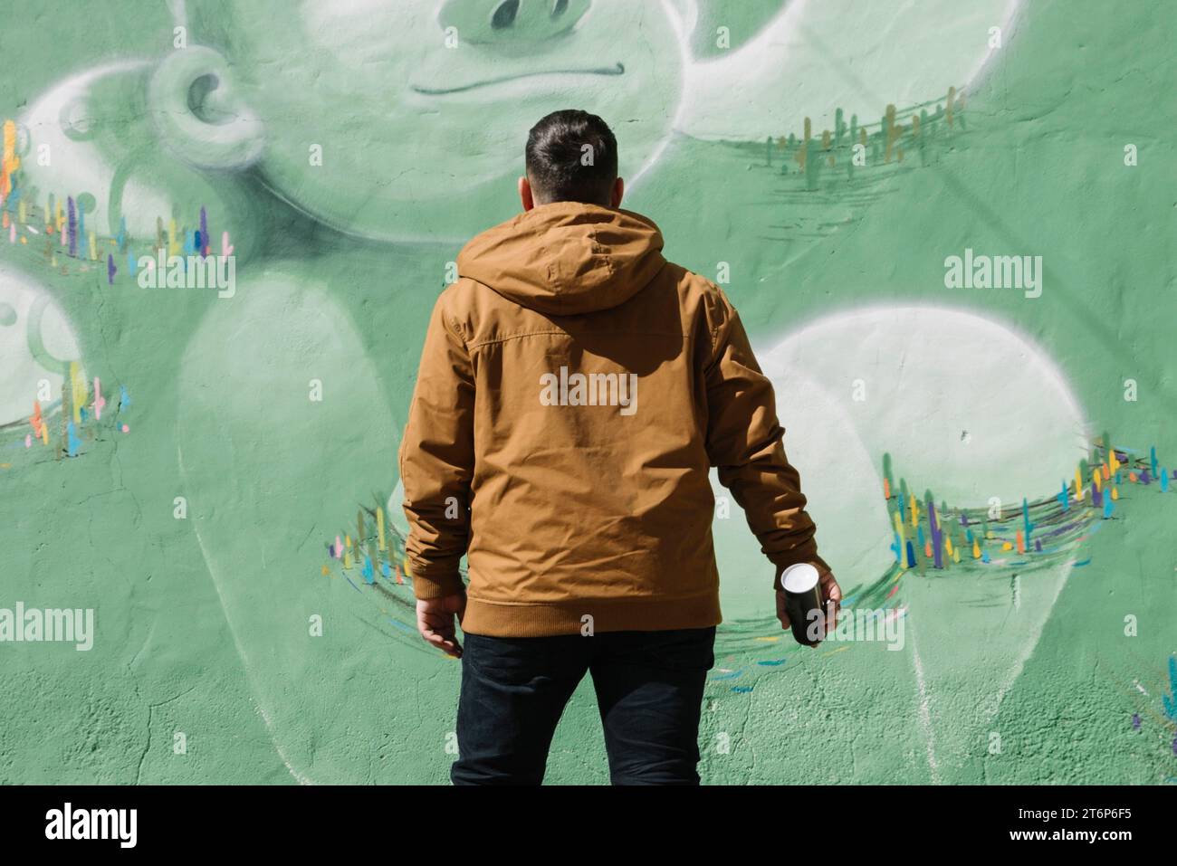 Artist standing front graffiti wall with aerosol can hand Stock Photo ...