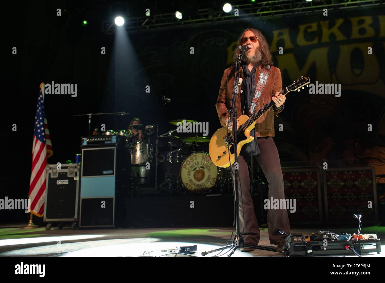 Charlie Starr performs with Blackberry Smoke at the Pompano Beach Amphitheater in Pompano Beach, Florida on November 9, 2023. This performance was part of a thirteen country world tour. (Photo by Geoffrey Clowes/Sipa USA) Stock Photo