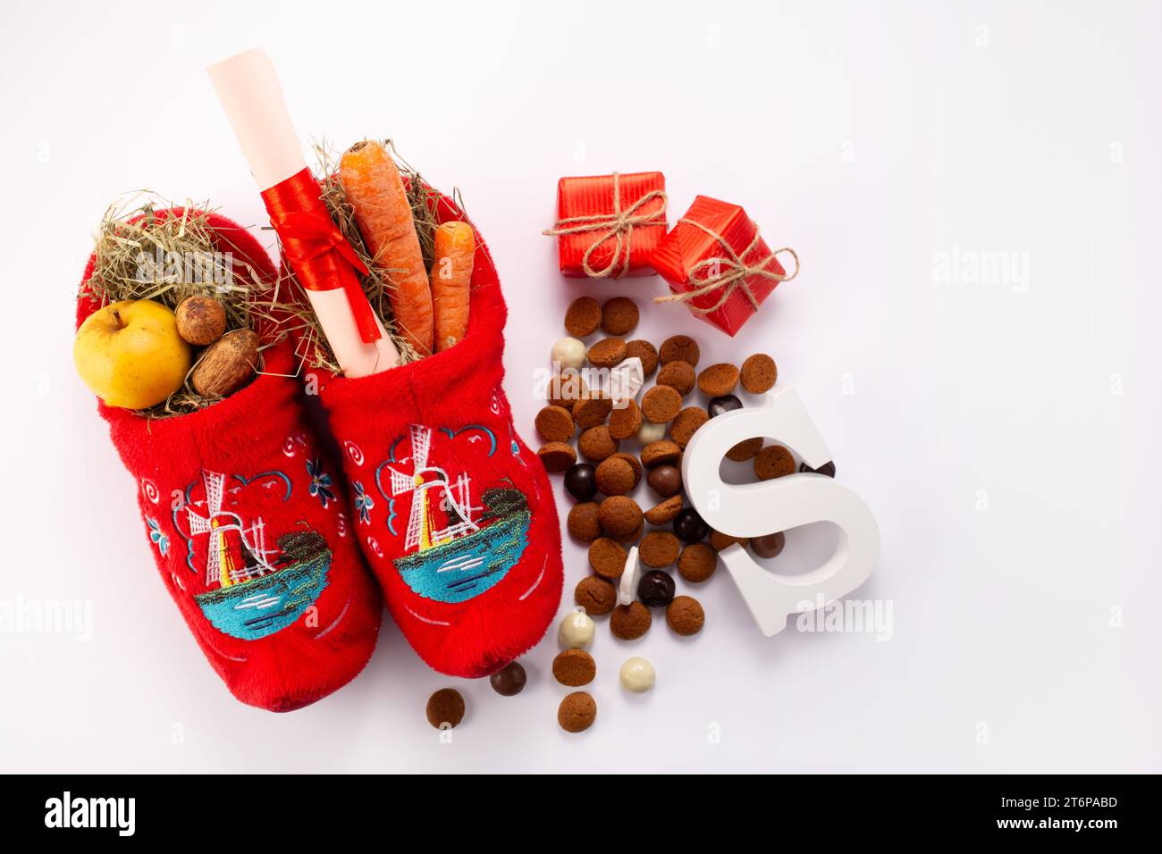 Dutch children shoes filled with treats, traditional sweets pepernoten