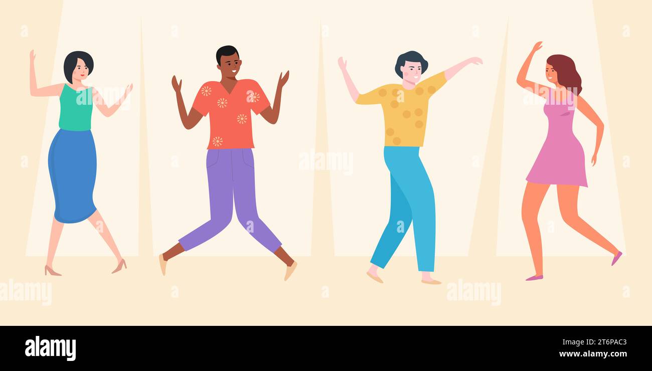 A group of cheerful young dancers are having fun at a party. Youth lifestyle concept. Flat vector illustration Stock Vector