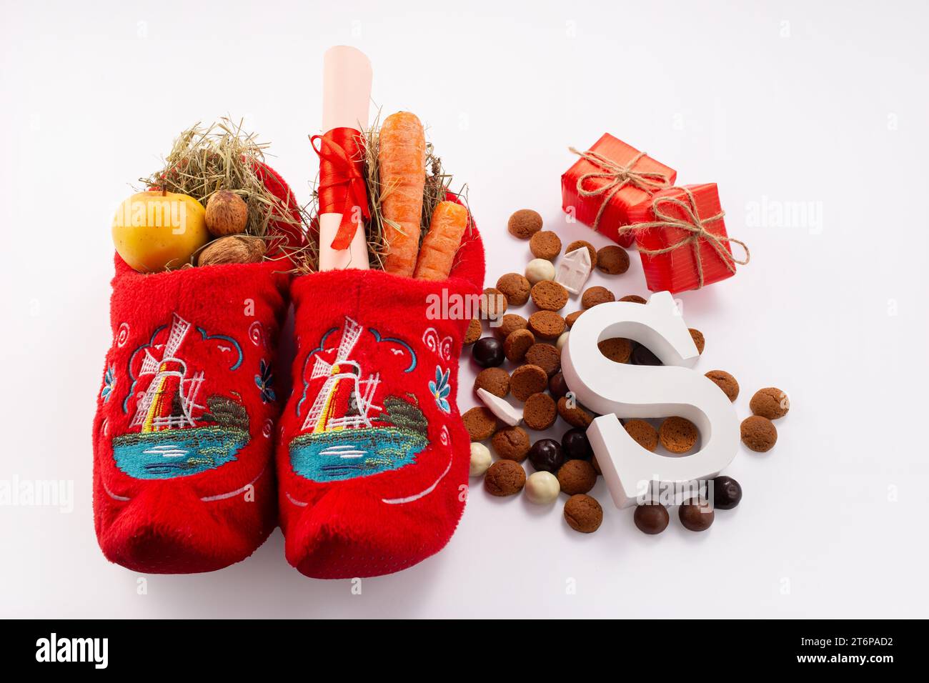 Dutch children shoes filled with treats, traditional sweets pepernoten