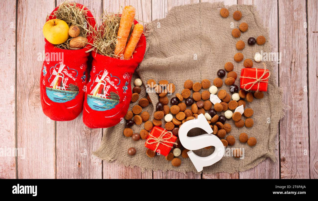 Dutch children shoes filled with treats, traditional sweets pepernoten