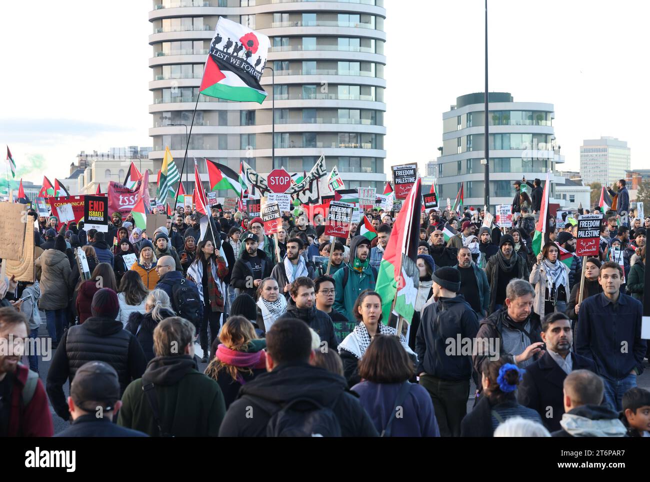 London, UK, 11th November 2023. Police estimated that 300 000 joined the pro Palestinian march from Hyde Park, across Vauxhall Bridge towards the American Embassy, with demonstrators calling for a ceasefire in Gaza. The march fell on the same day as Armistice Day, but stayed well away from the Cenotaph commemorations. Credit : Monica Wells/Alamy Live News Stock Photo