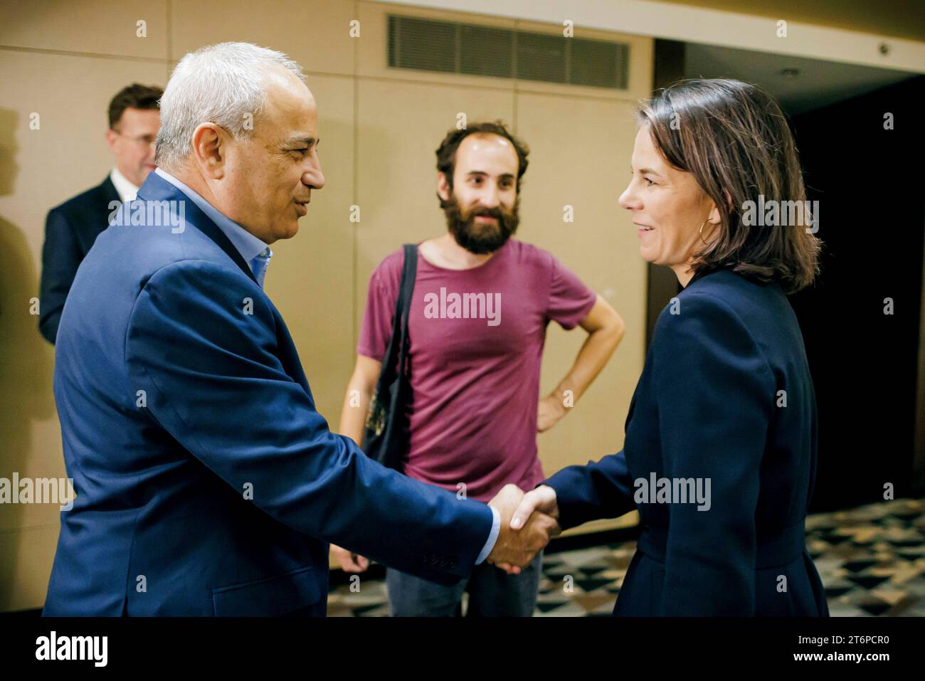 Annalena Baerbock (Buendnis 90/The Greens), Federal Foreign Minister, meets Mohammad Darawshe and Jonathan Silver. Tel Aviv, November 11, 2023. Stock Photo