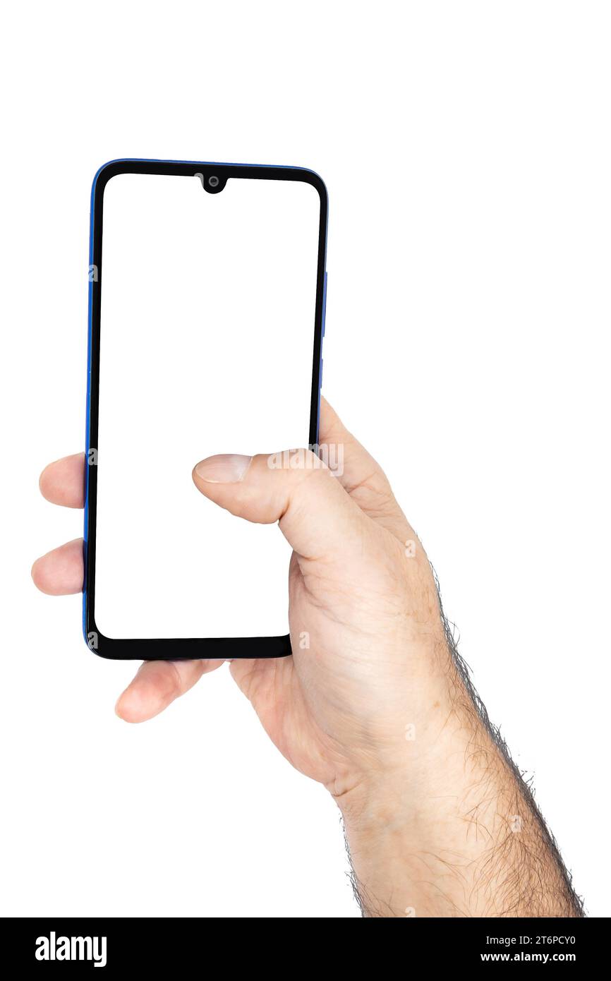 Man hand Holding the smartphone with blank screen and modern frameless design isolated on white background Stock Photo