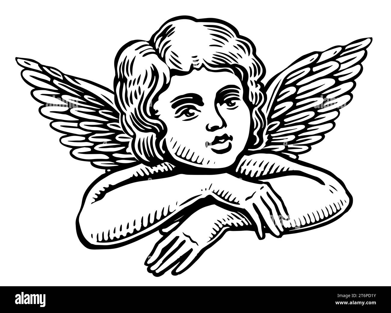 Cute baby angel with wings. Hand drawn Cherub sketch engraving style illustration Stock Photo