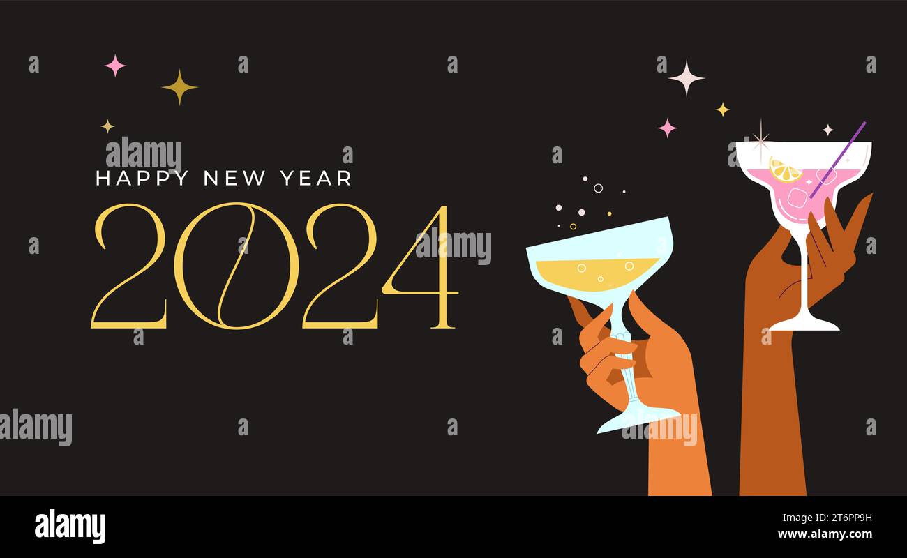 Happy New Year, poster, banner and card design with festive cocktails Stock Vector