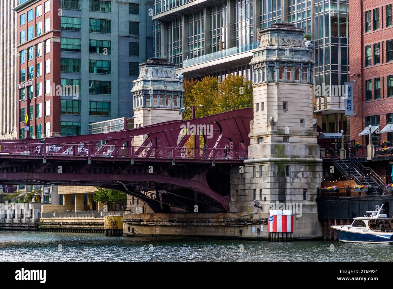 The bridges over the Chicago River are raised when necessary to allow larger ships to pass. The bridge keepers work in the historic bridge houses of Chicago, United States Stock Photo