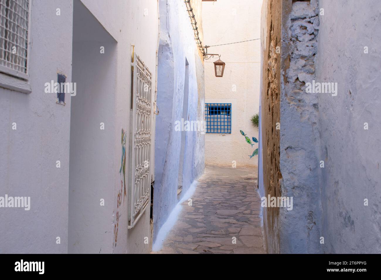Narrow, romantic streets between houses in Medina Old Town Hammamet