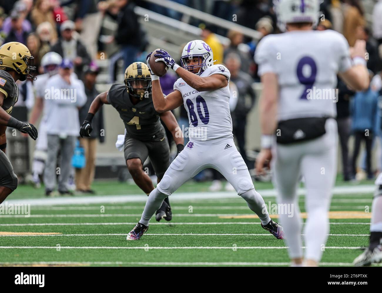 November 11, 2023: Holy Cross Crusaders wide receiver Jalen Coker (80) makes a catch during the NCAA football game between the Holy Cross Crusaders and the Army Black Knights at Michie Stadium in West Point, NY. Mike Langish/CSM Stock Photo