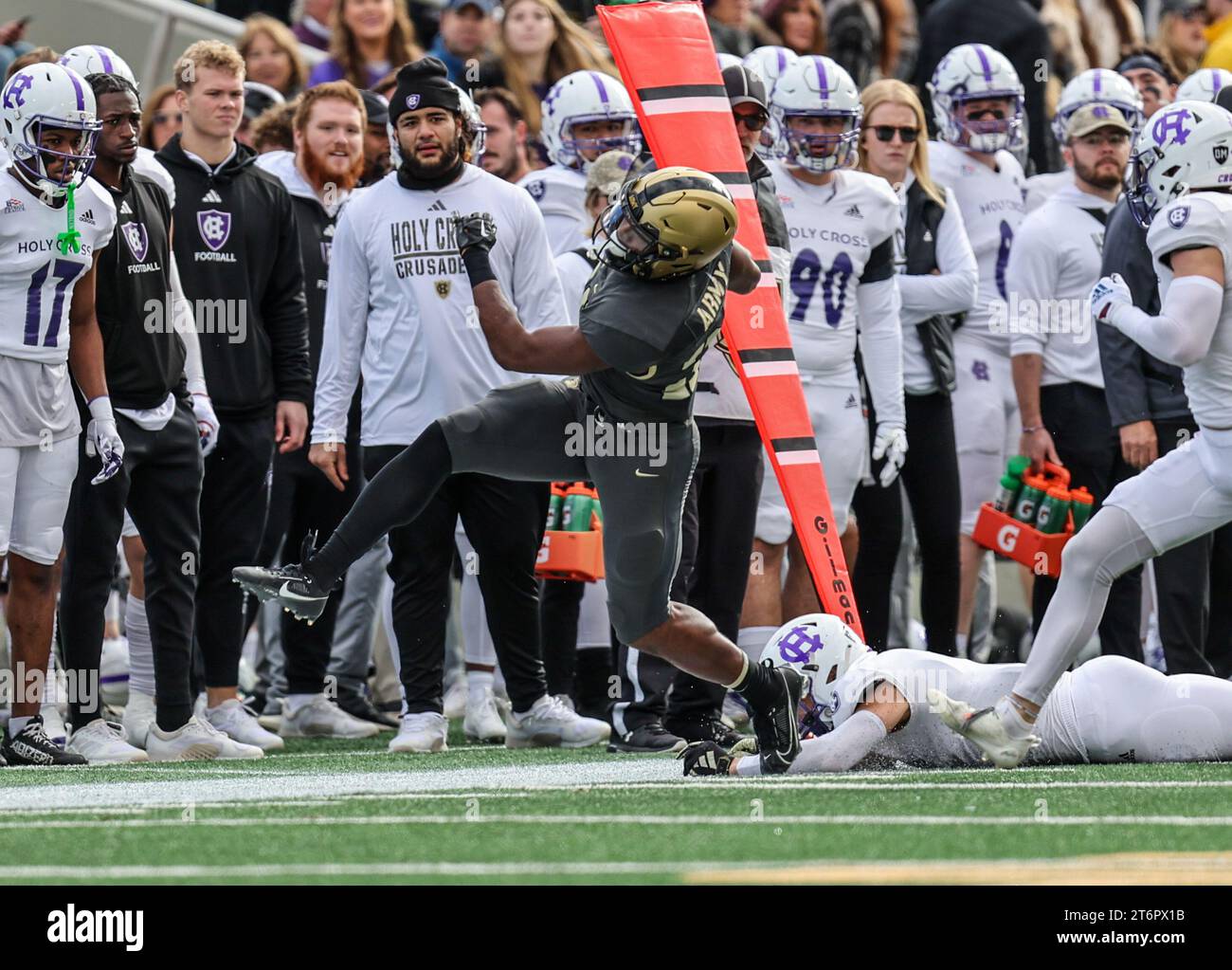 November 11, 2023: Army Black Knights running back Kanye Udoh (26) is forced out-of-bounds during the NCAA football game between the Holy Cross Crusaders and the Army Black Knights at Michie Stadium in West Point, NY. Mike Langish/CSM Stock Photo