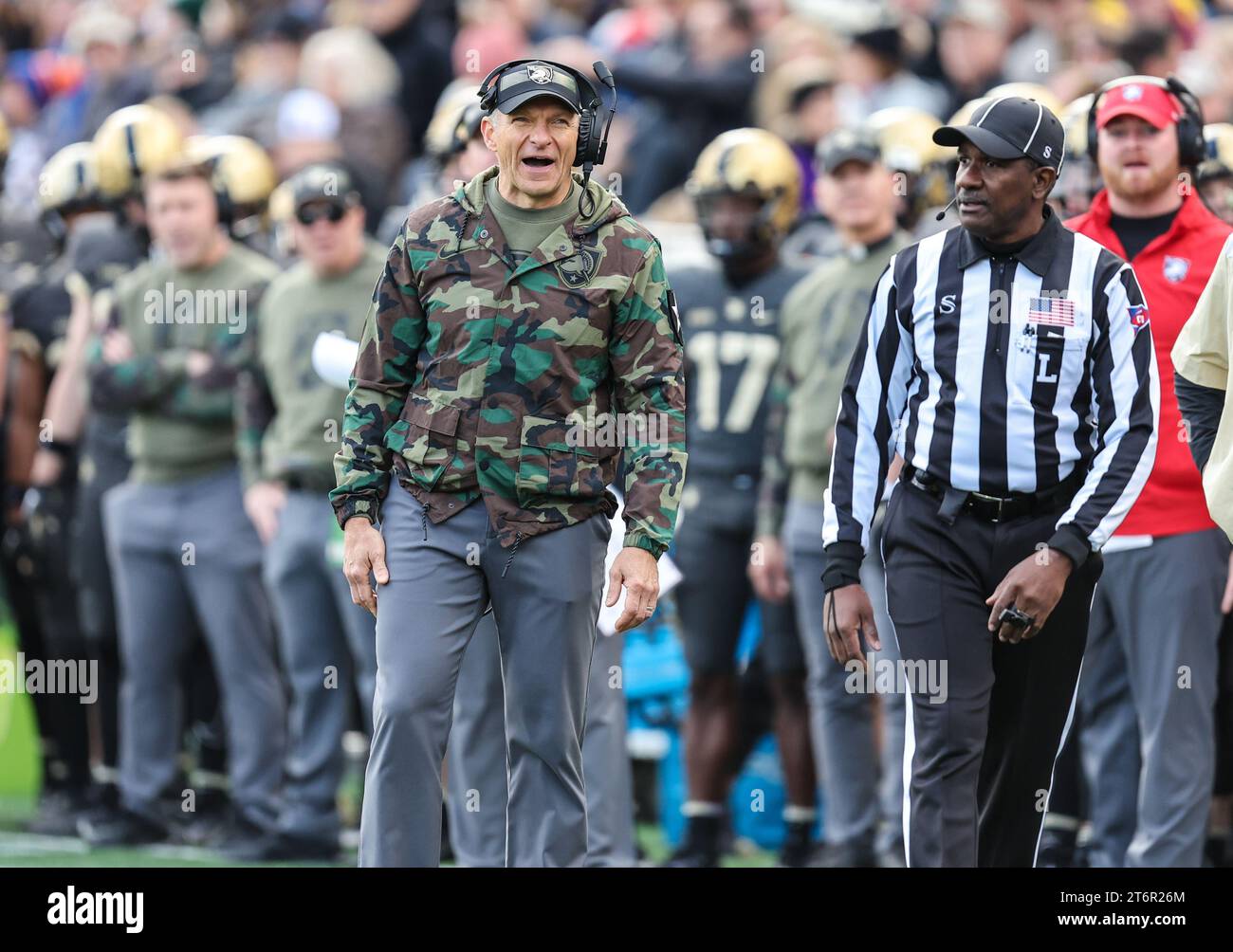 November 11, 2023: Army Black Knights head coach Jeff Monken has a few words for the referree during the NCAA football game between the Holy Cross Crusaders and the Army Black Knights at Michie Stadium in West Point, NY. Mike Langish/CSM Stock Photo