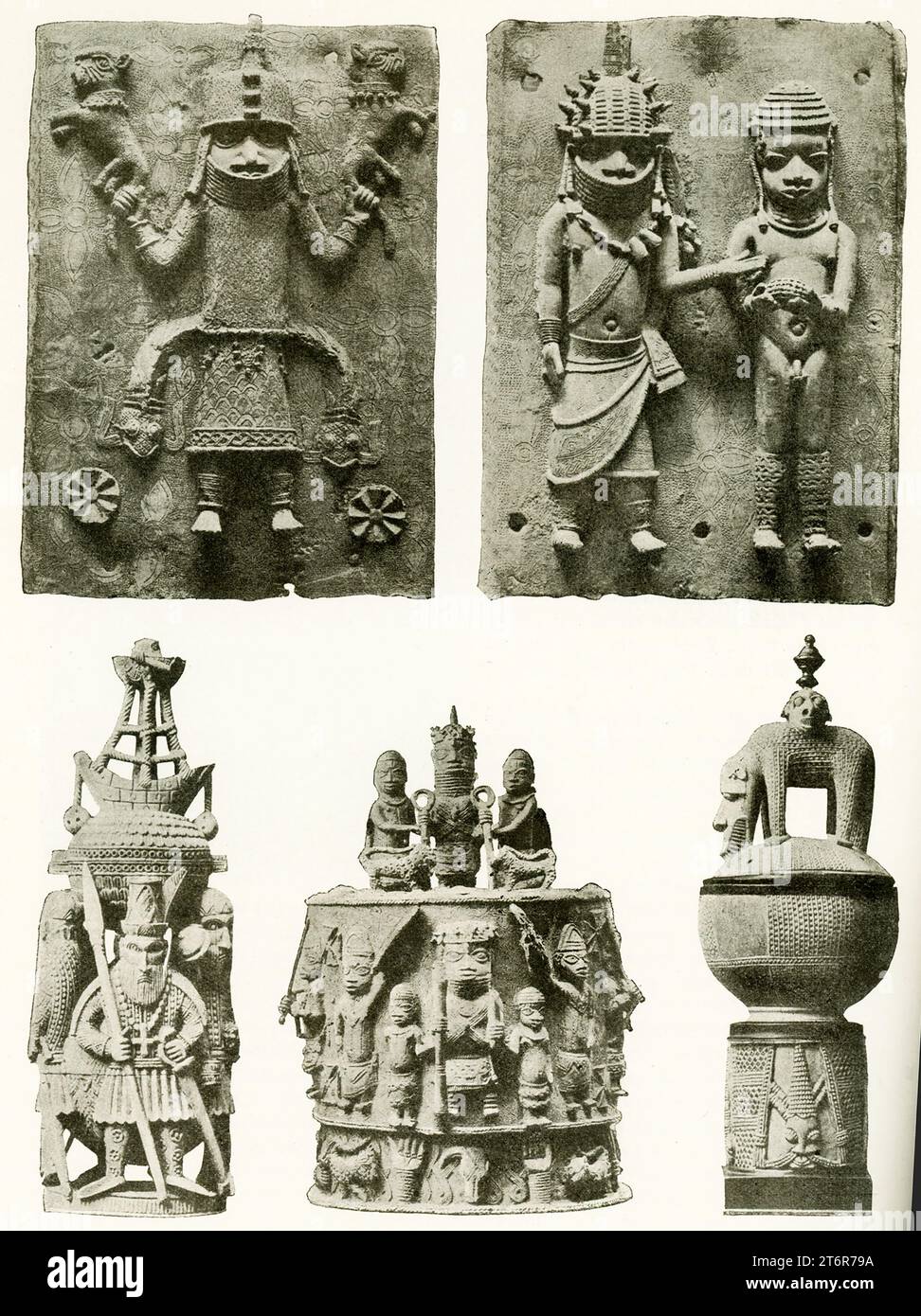 The 1907 caption reads: 'Artworks of the people of the kingdom of Benin on the slave coast [of Africa].' The image appeared in a book published in London in 1899. Benin was an historic kingdom of West Africa (modern Nigeria) that flourished between the 13th and 19th centuries. Descendants of the ruling dynasty still serve as kings, or obas, although only as advisors to the government of Nigeria. Stock Photo