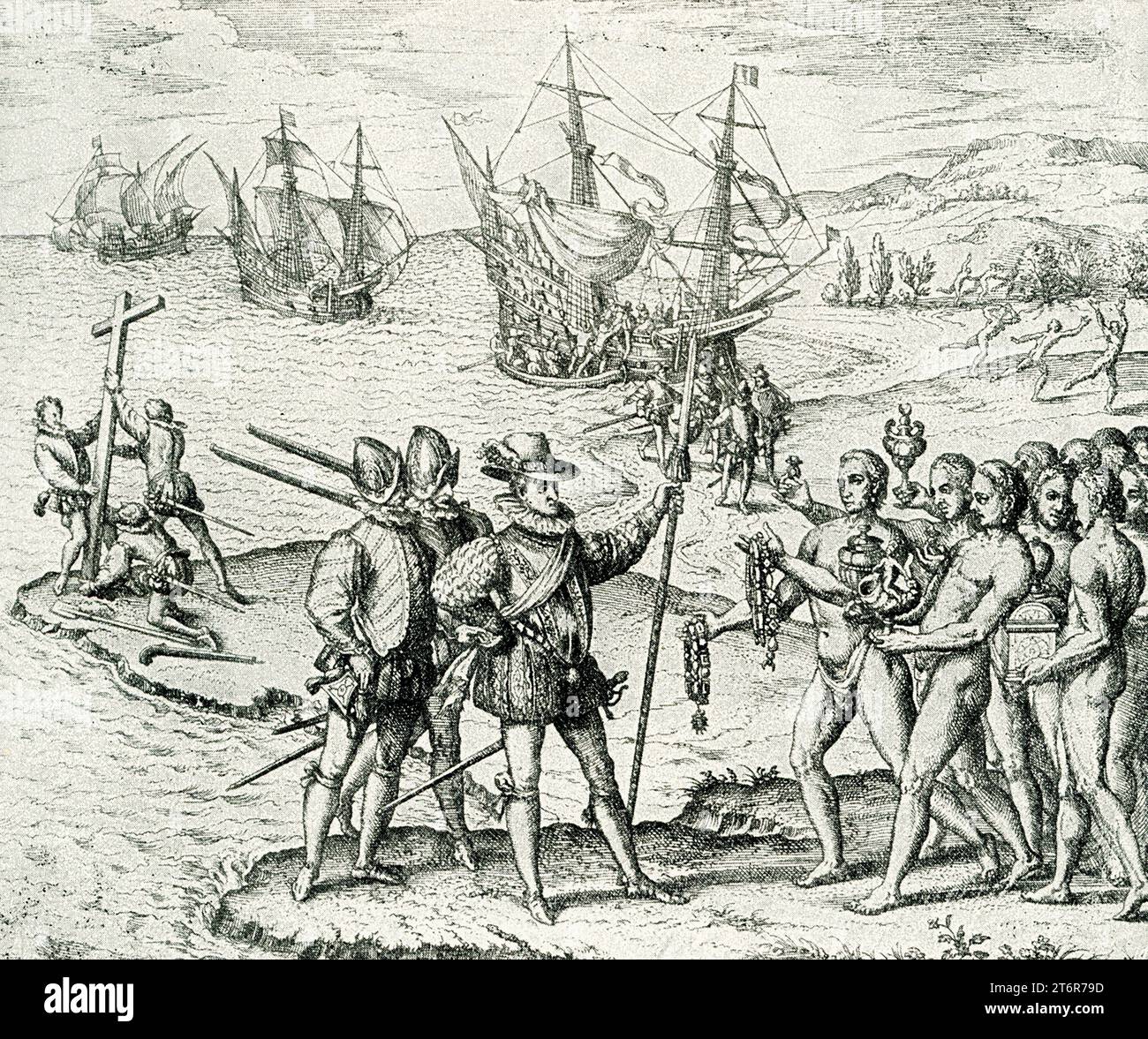 This illustraion of the landing of Columbus is taken from 'Americae Partes,' published in Frankfurt am Main in 1590. It shows Christopher Columbus and members of his crew on a beach in the West Indies, newly landed from his flagship Santa Maria on October 12, 1492. The island landing was the first landfall of their expedition to find a westward route from Europe to China, Japan and perhaps unknown lands. Stock Photo