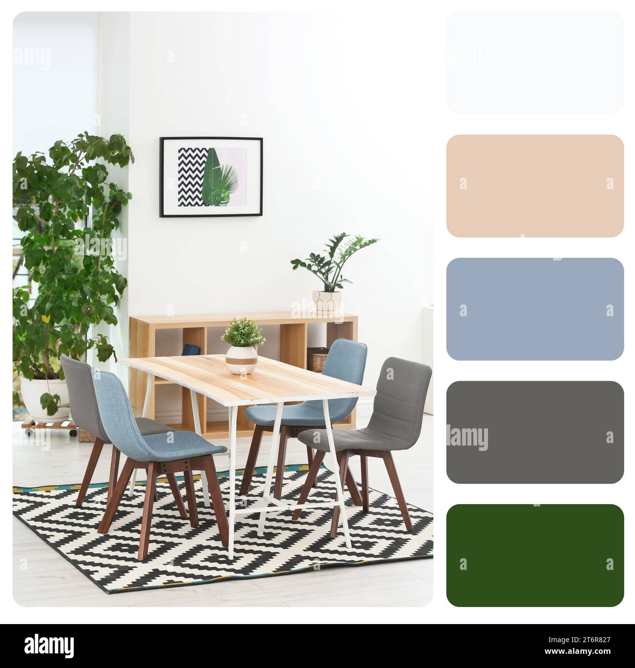 Light and cozy dining room with furniture. Color palette matching to