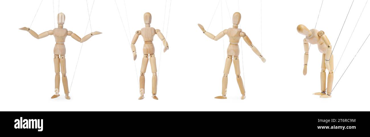 String Puppet Pose Wooden puppet with strings on white background, collection of different ...