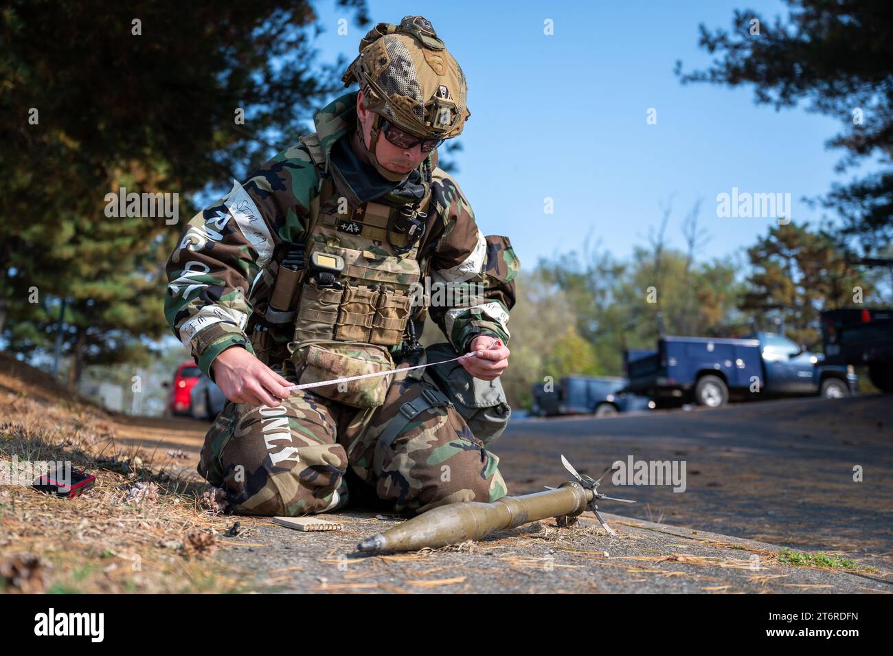 October 31, 2023 - Osan Air Base, South Korea - U.S. Air Force Staff Sgt. Carson Hudson, 51st Civil Engineer Squadron Explosive Ordnance Disposal team leader, measures a simulated unexploded ordnance during Vigilant Defense 24 at Osan Air Base, South Korea, Oct. 31, 2023. VD24 is a routine training event that tests military capabilities across the peninsula, allowing combined and joint training at both the operational and tactical levels. (Credit Image: © Thomas Sjoberg/U.S. Air Force/ZUMA Press Wire) EDITORIAL USAGE ONLY! Not for Commercial USAGE! Stock Photo
