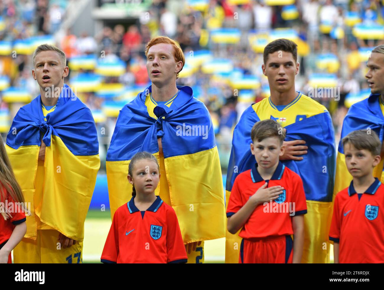 Wroclaw, Poland - September 9, 2023: Players of Ukraine National Team listen to National anthem before the UEFA EURO 2024 Qualifying game Ukraine v England at Tarczynski Arena in Wroclaw, Poland Stock Photo
