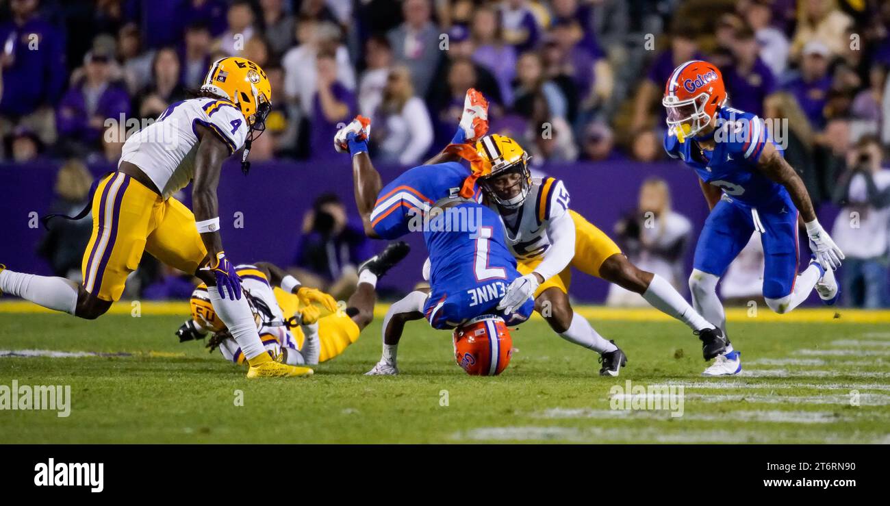 November 11, 2023: Florida Gators running back TREVOR ETIENNE (7) gets upended during the game between the Florida Gators and the LSU Tigers at Tiger Stadium in Baton Rouge, Louisiana. (Photo by: Jerome Hicks/ Sipa USA) Stock Photo