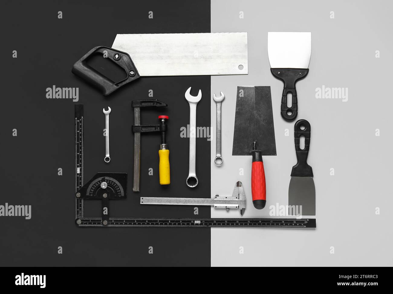 Set of construction tools on black and white background Stock Photo - Alamy