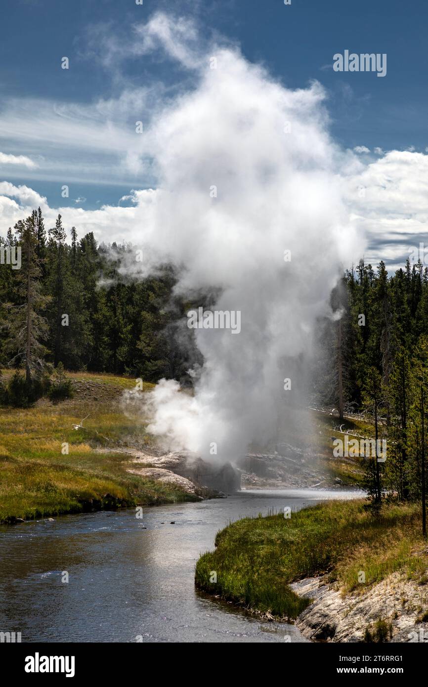 WY05795-00...WYOMING - Eruption of Riverside Geyser on the edge of the Firehole River in the Upper Geyser Basin of Yellowstone National Park. Stock Photo