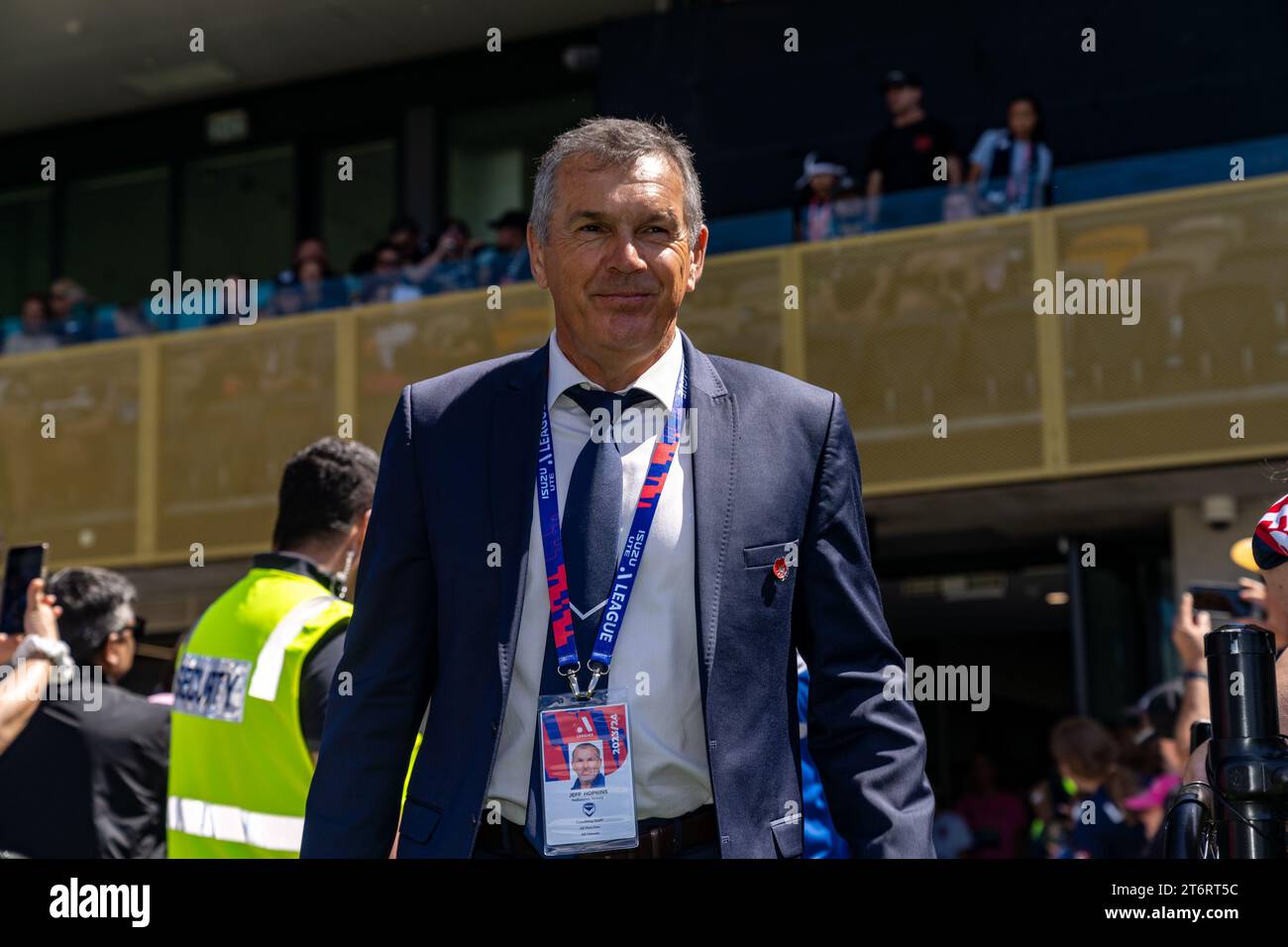 Bundoora, Australia. 12 November, 2023. Melbourne Victory Head Coach Jeff Hopkins leads the team out of the tunnel. Credit: James Forrester/Alamy Live News Stock Photo