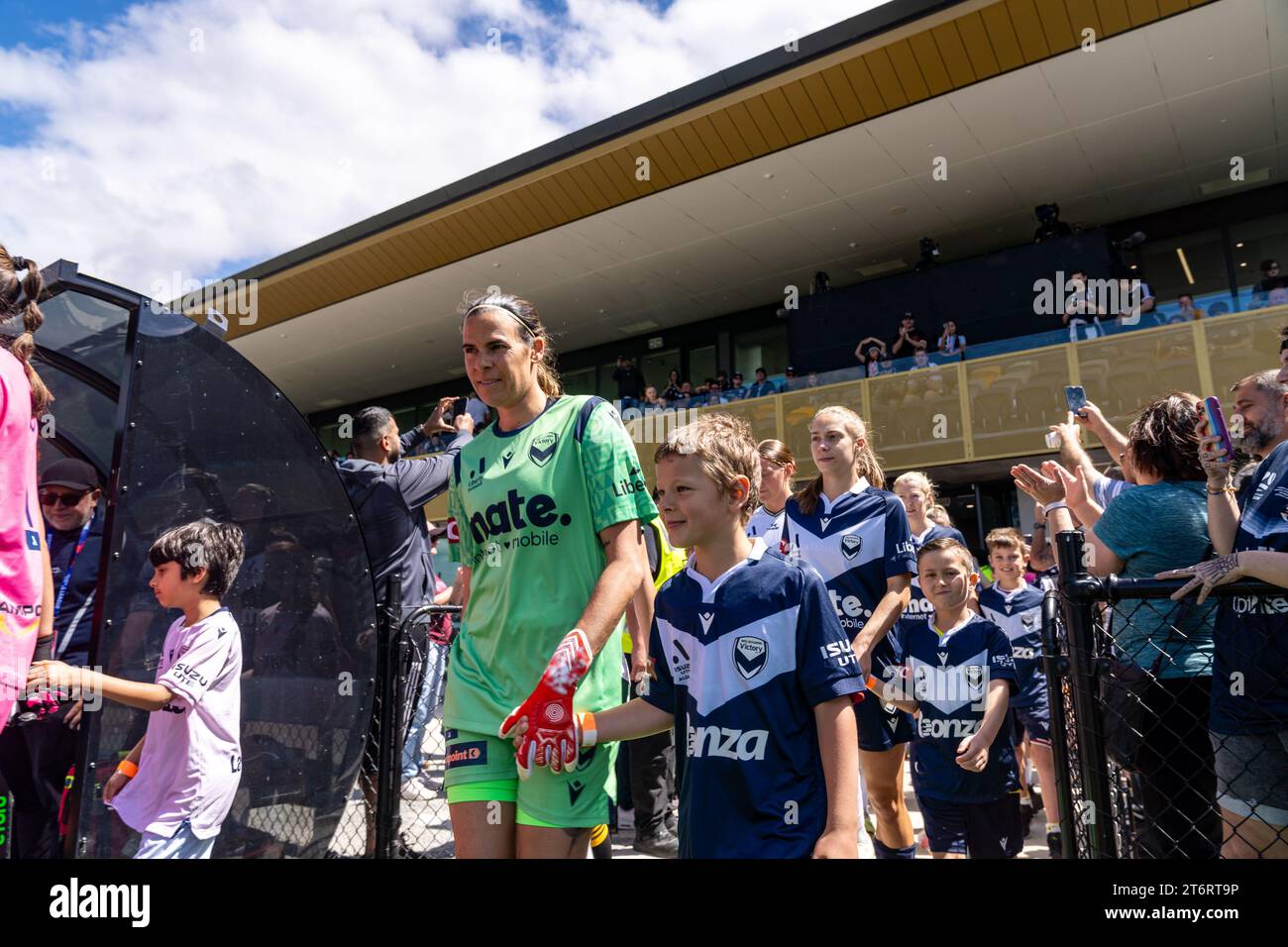 Bundoora, Australia. 12 November, 2023. Melbourne Victory Goalkeeper Lydia Williams (#1) exiting the tunnel before the match. Credit: James Forrester/Alamy Live News Stock Photo