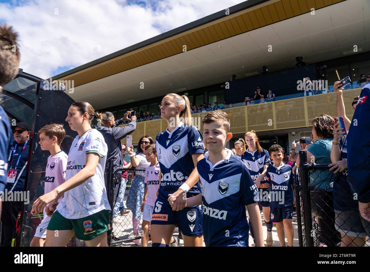 Bundoora, Australia. 12 November, 2023. Melbourne Victory Jessika Nash (#5) exiting the tunnel before the match. Credit: James Forrester/Alamy Live News Stock Photo
