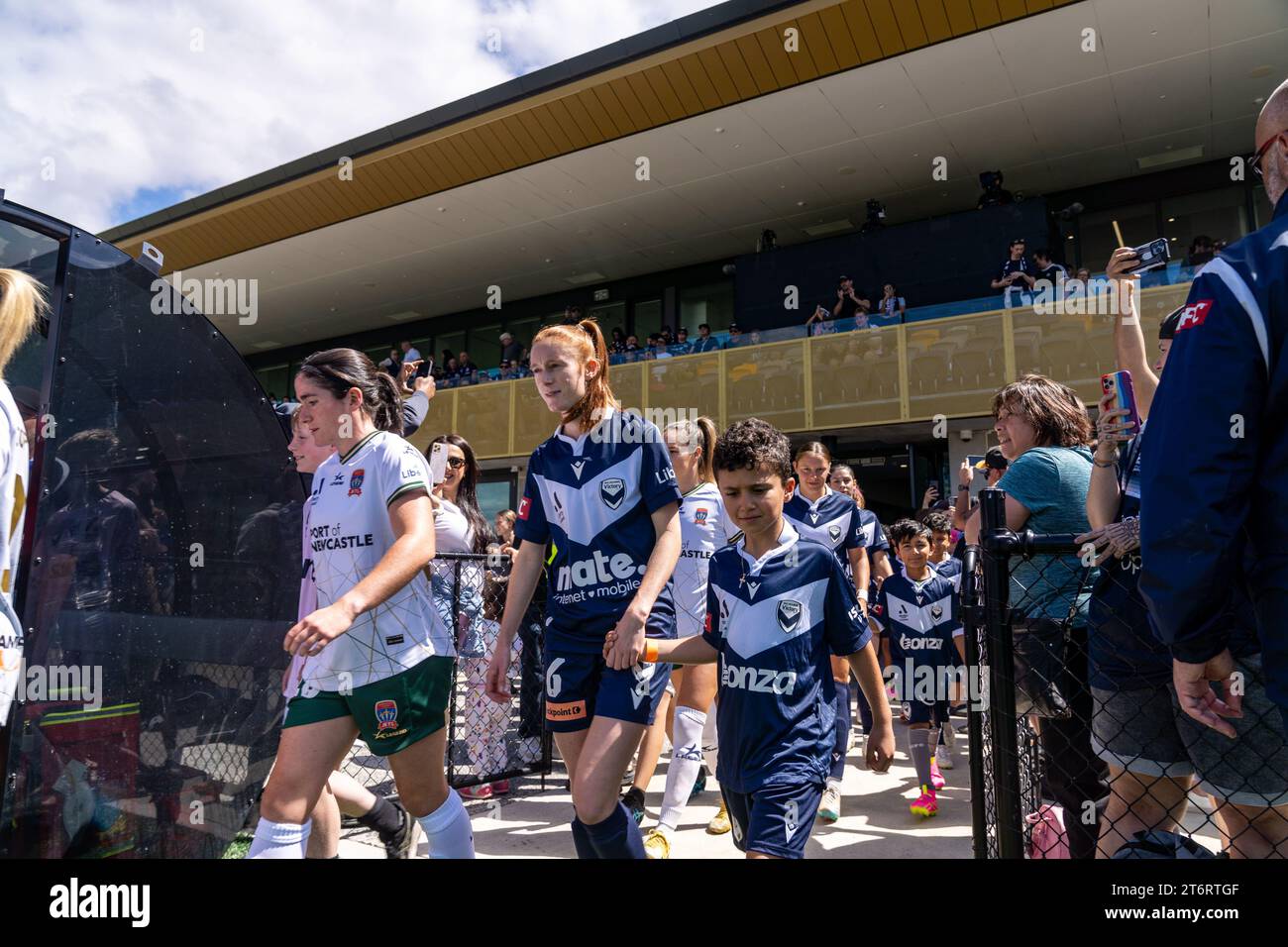 Bundoora, Australia. 12 November, 2023. Melbourne Victory Beattie Goad (#6) exits the tunnel before the match. Credit: James Forrester/Alamy Live News Stock Photo