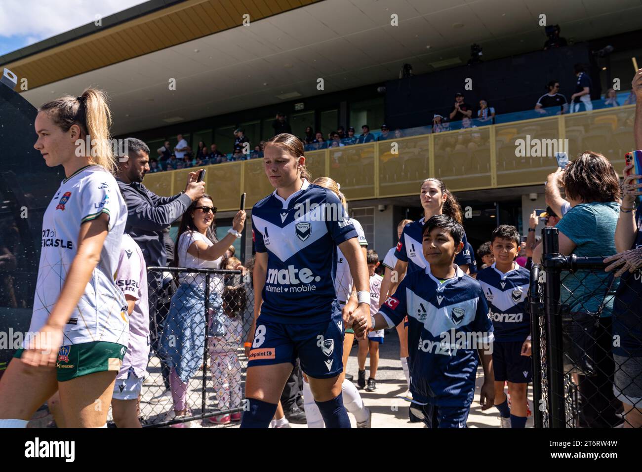 Bundoora, Australia. 12 November, 2023. Melbourne Victory Alana Murphy (#8) exits the tunnel before the match. Credit: James Forrester/Alamy Live News Stock Photo