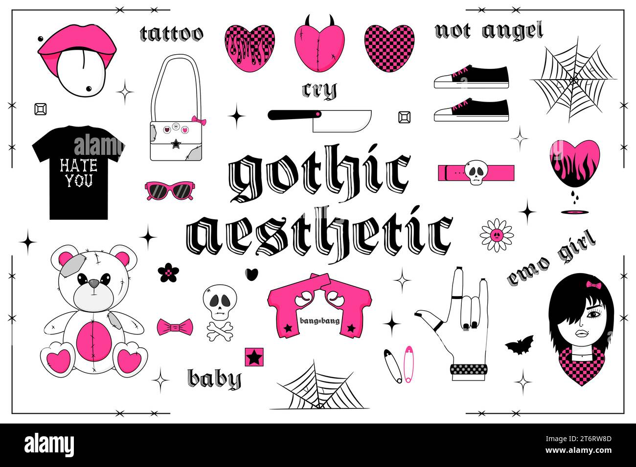 Gothic aesthetic in y2k, 90s, 00s and 2000s style. Set of flat girly