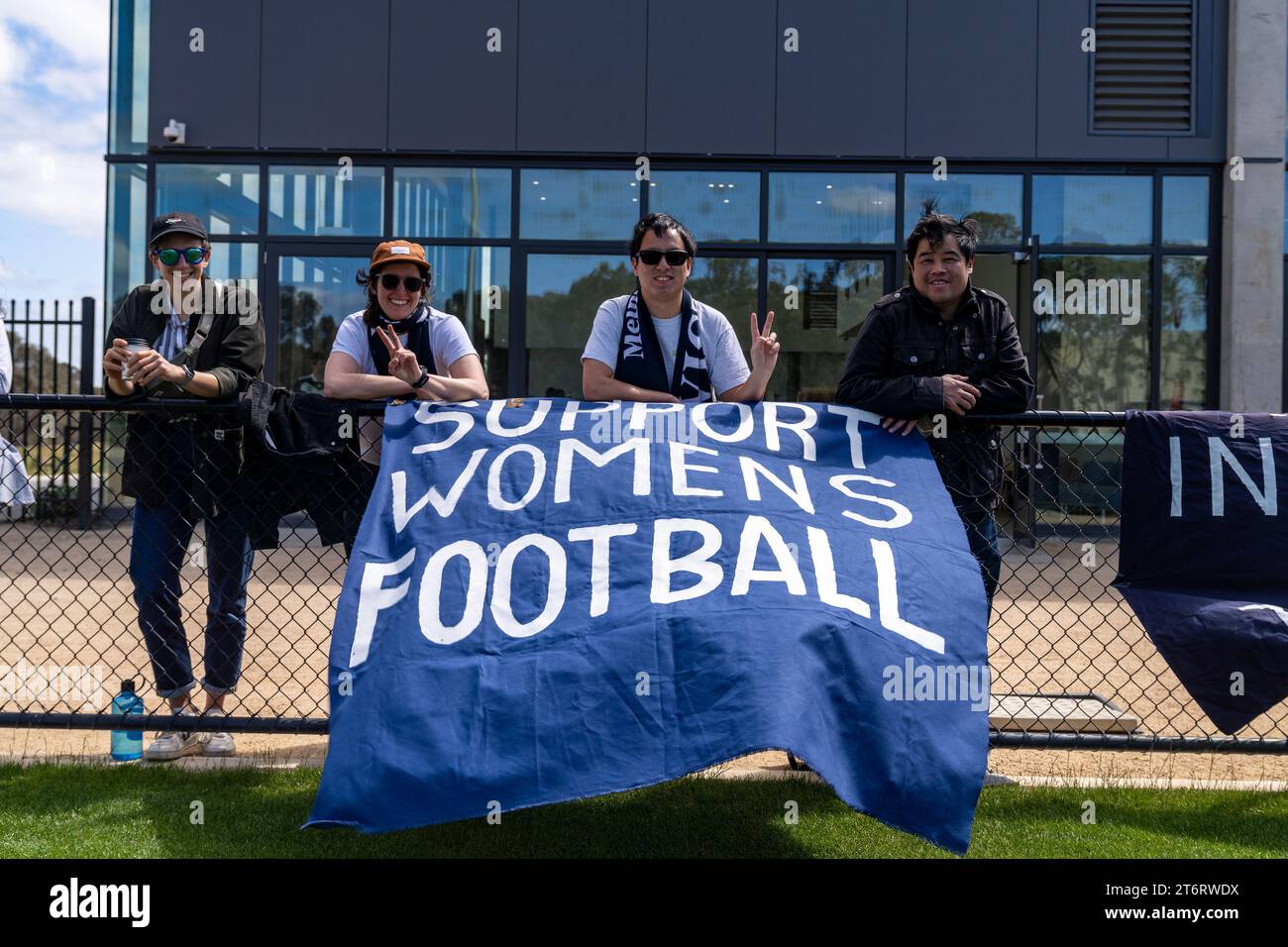 Bundoora, Australia. 12 November, 2023. Melbourne Victory supporters brandishing a banner that reads “Support Women’s Football”. Credit: James Forrester/Alamy Live News Stock Photo