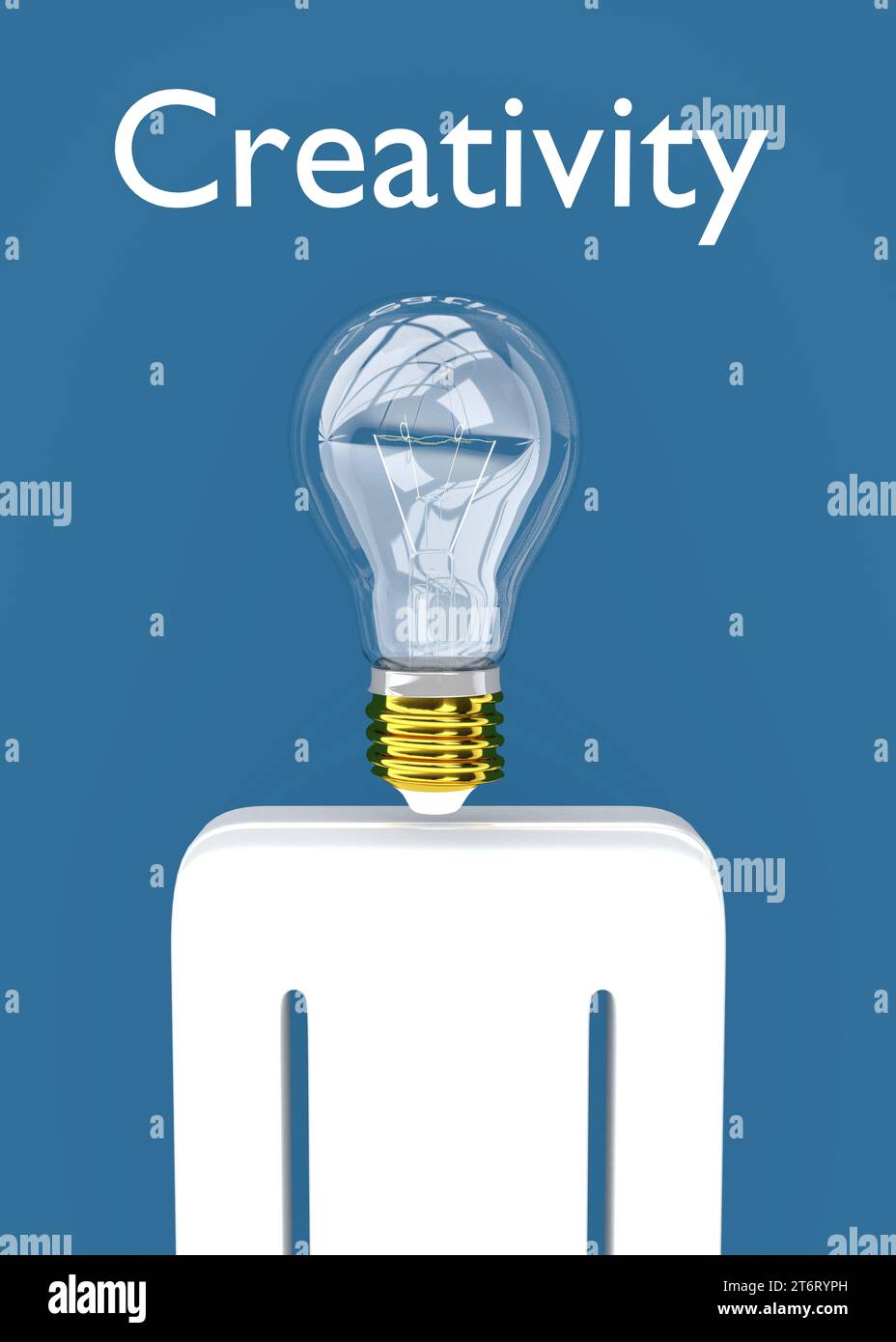3D illustration of silhouette of a man whose head is symbolically replaced by a light bulb, title as Creativity. Stock Photo