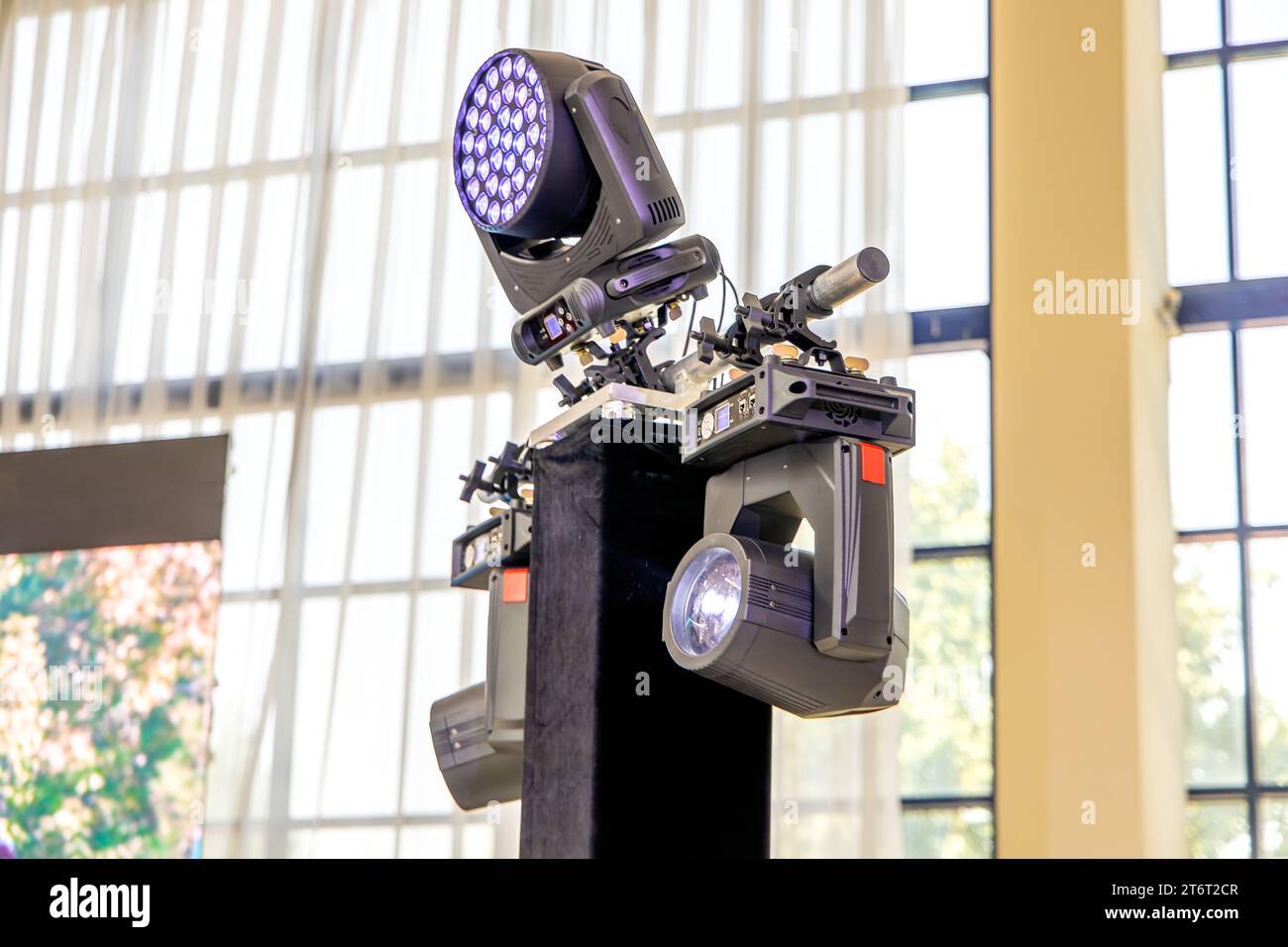 Lighting fixtures for lighting events, clubs, discos and concerts accompanied by party music Stock Photo