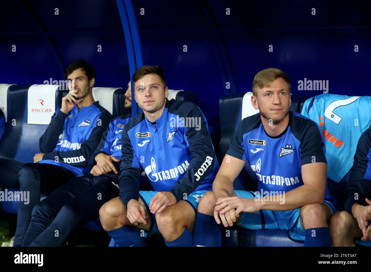 Aleksander Erokhin (L), Danil Krugovoy (C), Dmitri Chistyakov (R) of Zenit seen in action during the Russian Premier League football match between Zenit Saint Petersburg and Krasnodar at Gazprom Arena. Final score; Zenit 1:1 Krasnodar. (Photo by Maksim Konstantinov / SOPA Images/Sipa USA) Stock Photo